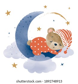 Cute little teddy bear sleeping on cloud, vector illustration, kids fashion artworks, baby graphics for wallpapers and prints.