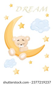 Cute little teddy bear sleeping on the moon, seamless pattern, vector illustration, kids fashion, baby graphic for wallpapers and prints. Cartoon vector illustration.