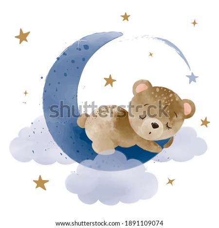 Cute little teddy bear sleeping on the moon, vector illustration, kids fashion artworks, baby graphics for wallpapers and prints.