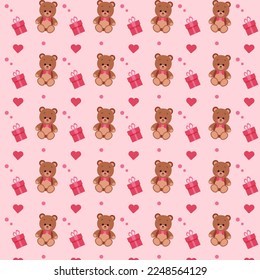 Cute little teddy bear toy, with a heart and a gift box, a seamless pattern. Vector illustration