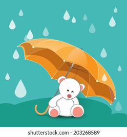Kleiner Teddybär unter dem Regenschirm, Regentropfen auf grünem Hintergrund. 
