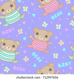Cute little teddy bears in striped pajamas seamless pattern for baby.