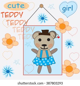 cute little teddy girl with flowers and hearts vector illustration
