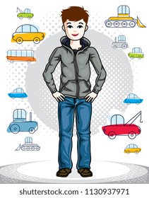 Cute little teen boy standing in stylish casual clothes. Vector character. Childhood lifestyle cartoon.