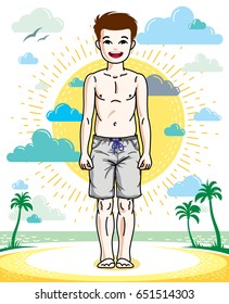 Cute little teen boy standing wearing fashionable beach shorts. Vector character. Fashion theme clipart.