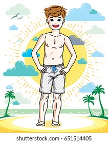 Cute little teen boy standing wearing fashionable beach shorts. Vector kid illustration. Fashion and lifestyle theme cartoon.