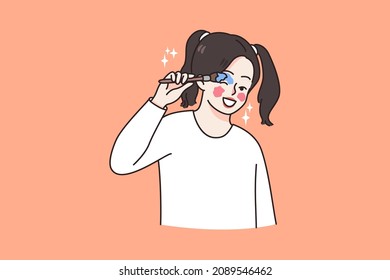 Cute little teen girl child paint eyes with brush do makeup dream of becoming stylist or artist. Small kid or child enjoy make up, play with cosmetic or beauty products. Flat vector illustration. 