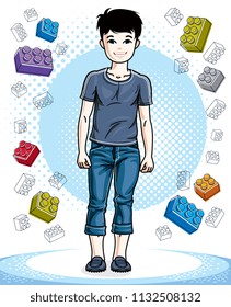 Cute little teenager boy standing wearing fashionable casual clothes. Vector human illustration. Fashion and lifestyle theme cartoon.