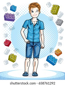 Cute little teenager boy standing in stylish casual clothes. Vector beautiful human illustration. Fashion theme clipart.