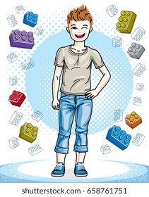 Cute little teenager boy standing in stylish casual clothes. Vector pretty nice human illustration. Fashion and lifestyle theme cartoon.