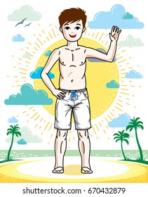 Cute little teenager boy standing in colorful stylish beach shorts. Vector attractive kid illustration. Fashion and lifestyle theme cartoon.