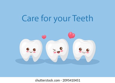 Cute little teeth characters. Adorable children illustration in kawaii style. Use for kids medical centre, dentist, poster, card. Smiling and happy mascot for oral hygiene, dental treatment. 