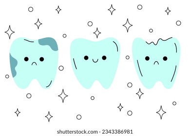 Cute little teeth characters. Use for kids medical centre, dentist, poster, card. Smiling and sad mascot for oral hygiene, dental treatment.