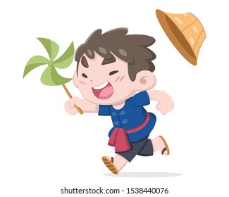 Cute little Thai farmer running, enjoy himself with leaf small windmill vector cartoon illustration