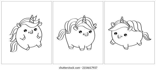 Cute little thick unicorn coloring page. Set of 3 pages for a coloring book. Cute animal vector illustration in black and white. Outlines of animals for coloring pages for girls and boys.
