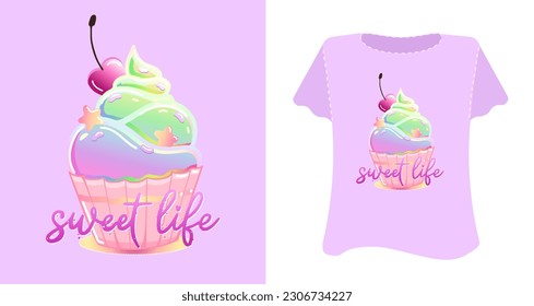 Cute little thing slogan text, beautiful cute cupcake cartoon drawings on pink. Vector illustration design for fashion graphics, t shirt prints, cards, templates.