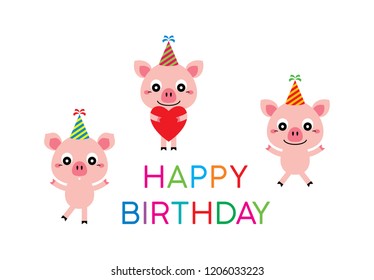 cute little three pigs happy birthday greeting vector. cute pig birthday party celebration.