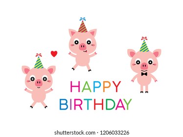 cute little three pigs happy birthday greeting vector. cute pig birthday party celebration.