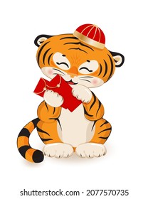Cute little tiger of 2022 CNY zodiac animals. Vector illustration of tiger cub in traditional hat holding red envelope and receiving lucky money. Spring Festival design element for poster, card, print