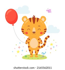 Cute little tiger with air balloon in a clearing with grass and bird. Funny childish character for card, poster, print, kid clothing, nursery design. Vector illustration in cartoon style isolated on