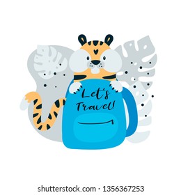 Cute little tiger in backpack go to adventure. Lets travel. Cartoon character illustration for kids game, book, t-shirt, card, print, poster and decoration. 