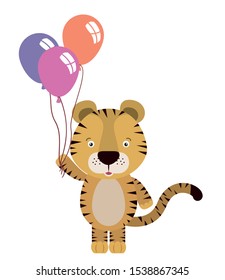 cute little tiger with balloons helium vector illustration design