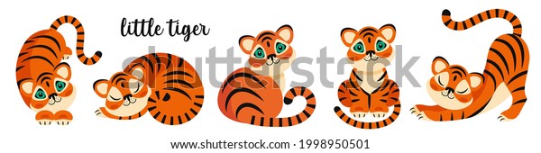 cute little tiger with big green eyes isolated on a\
white background in five different poses. set of flat drawings in\
the cartoon style, horizontal format. stock vector illustration.\
EPS 10.
