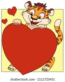 Cute little tiger with big heart, adorable wild animal cartoon character vector illustration. On white background.