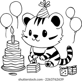 Cute Little Tiger Birthday Outline Illustration