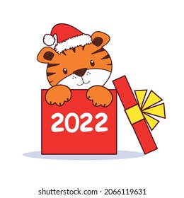 Cute little tiger  in the box as a symbol  of chinese holiday, New Year 2022 .