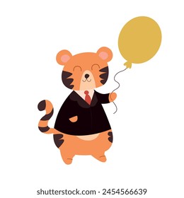 Cute little tiger in a business suit with a balloon. Vector illustration.
