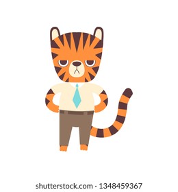 Cute Little Tiger Businessman Standing Confidently, Adorable Wild Animal Cartoon Character Vector Illustration