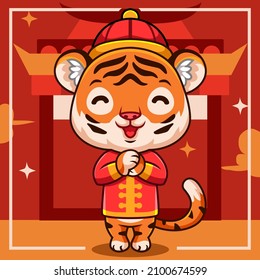 Cute little tiger cartoon celebrating chinese new year