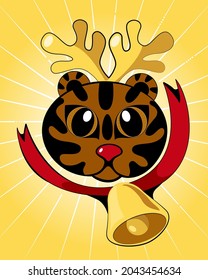 Cute little tiger cartoon style. Vector illustration  on gradient yellow background. Adorable  animal tiger muzzle. Symbol of 2022 year with deer santa horns, red nose and bell.