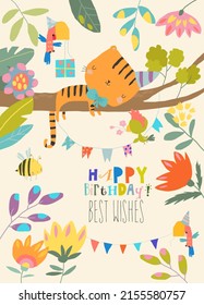 Cute Little Tiger Celebrating Birthday In Jungle