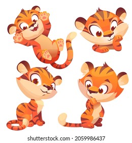 Cute little tiger character with different emotions. Vector set of cartoon funny kitten plays, thinks and smiling. Creative emoji set, animal mascot isolated on white background