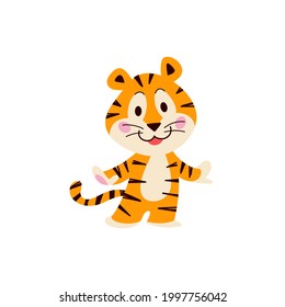 Cute little tiger character stand smiling isolated on white background. Vector flat hand drawn style. For children decor, nursery design, banner, emblem, pattern, mascot etc.