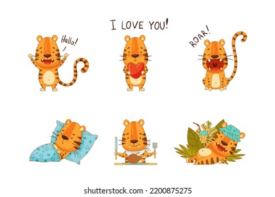 Cute Little Tiger Character with Striped Coat Engaged in Different Activity Vector Set