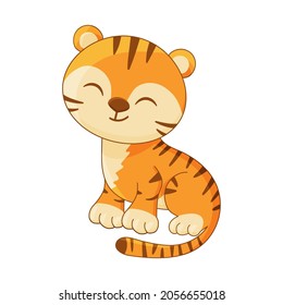 Cute little tiger character. Symbol of 2022 year. Wild kitten, jungle animal for kids design cards, T-shirt and posters. Cartoon striped baby tiger. Vector illustration isolated on a white background.