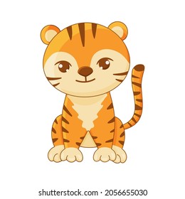 Cute little tiger character. Symbol of 2022 year. Wild kitten, jungle animal for kids design cards, T-shirt and posters. Cartoon striped baby tiger. Vector illustration isolated on a white background.