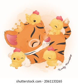 Cute little tiger and little chickens in watercolor illustration