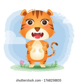 cute little tiger in the children's style. cute cartoon tiger vector illustration