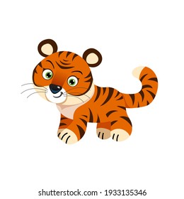 Cute little tiger. Chinese 2022 year symbol. Year of tiger. Cartoon mascot. Smiling adorable character. Vector illustration isolated on white background.