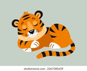 Cute little tiger. Colorful sticker with funny sleeping wild animal. Orange striped tiger cub lies and rests. Design element for postcard or baby poster. Cartoon flat vector illustration