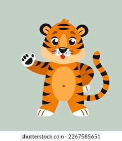 Cute little tiger. Colorful sticker with small wild animal waving its paw and greeting someone. Funny character inhabitant of jungle or savannah. Cartoon flat vector illustration