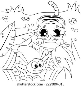 A cute little tiger cub looks with surprise at a crawling spider in a forest clearing. Coloring book for children