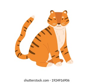 Cute little tiger cub sitting with tail raised up. Baby animal character with smiling friendly muzzle. Colored flat vector illustration of young tigress isolated on white background