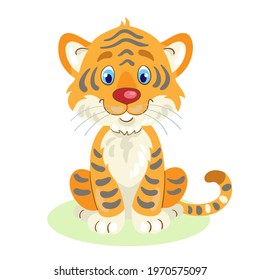 Cute little tiger cub is sitting. In cartoon style. Isolated on white background. Vector flat illustration.