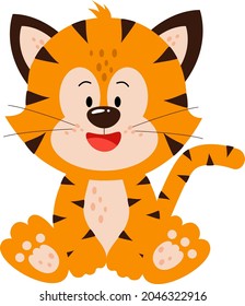 A cute little tiger cub is sitting there. Happy Chinese New Year 2022 festive design with cartoon funny tiger cub face on a white background. The year of the tiger. Vector illustration. Tiger.