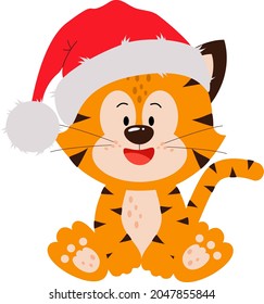 A cute little tiger cub is sitting in a hat. The muzzle of a tiger cub with brown stripes, the symbol of the new year 2022 on a white background. Greeting card template "Year of the Tiger" 2022.